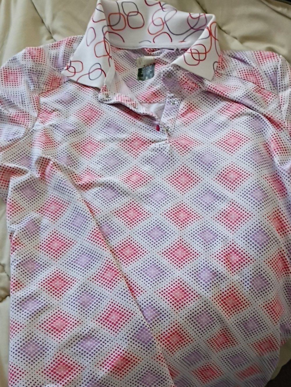 Women's Golf Patterned Polo Shirt in White with Pink & Purple Accents